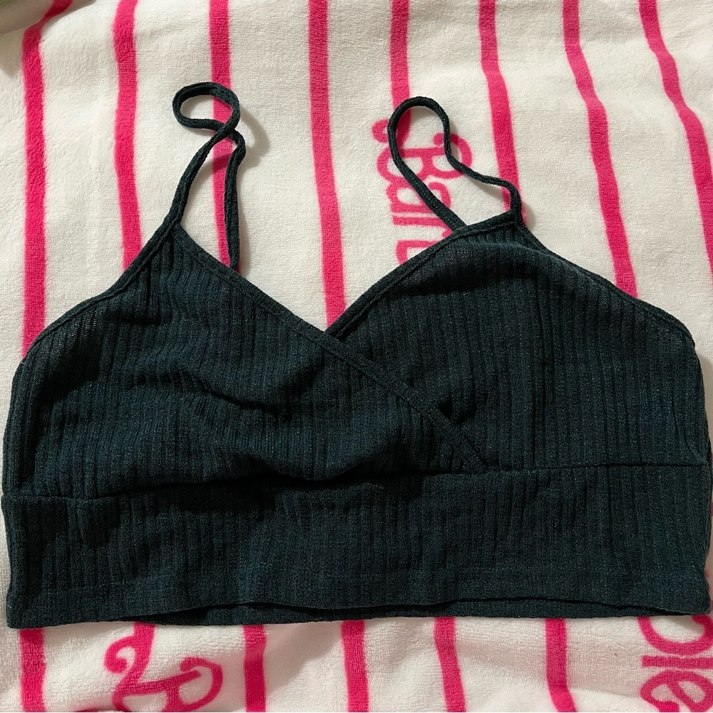 Dark Green Ribbed Cropped Cami Bralette with Faux Wrap Effect NWOT